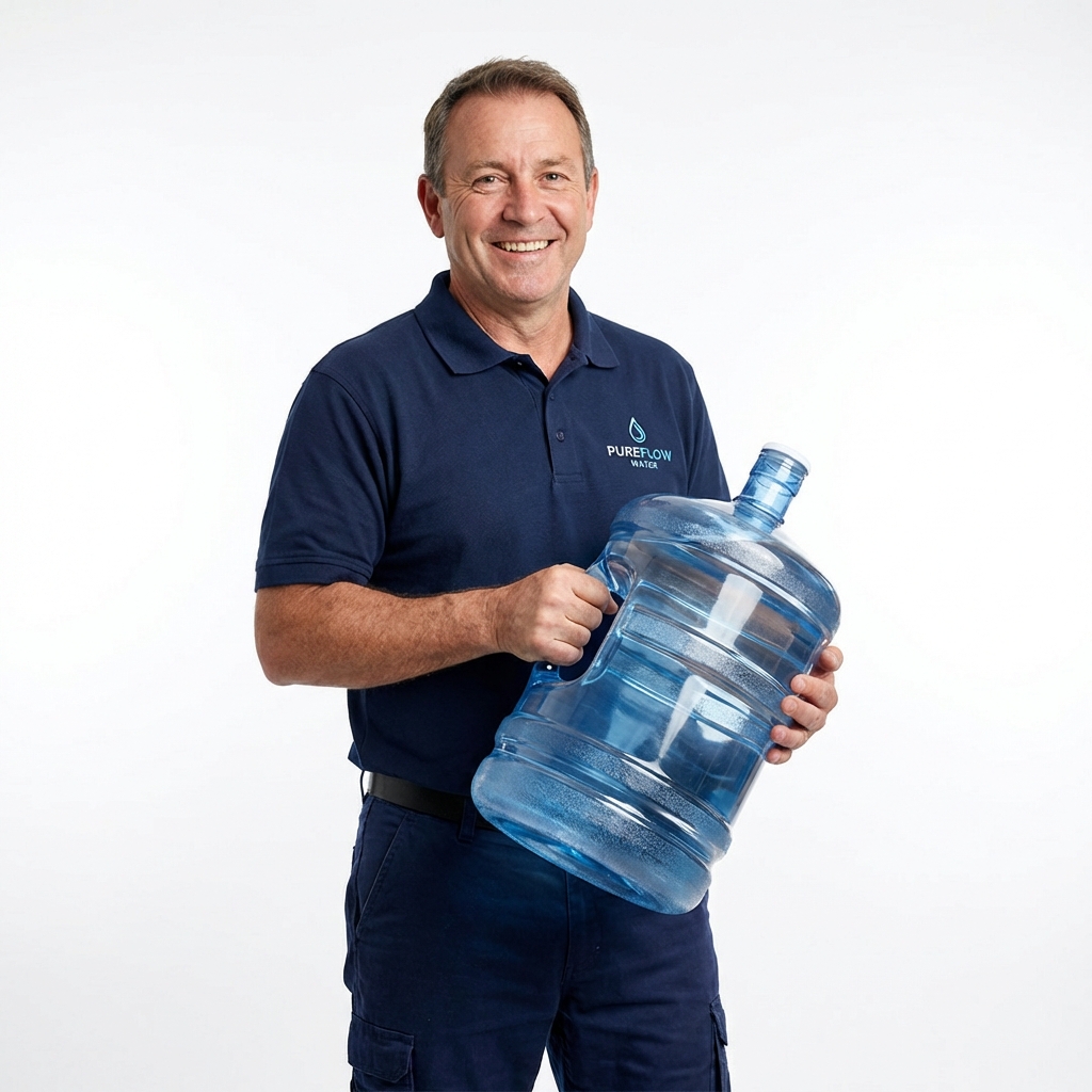 Repartidor de agua sonriendo con uniforme rojo